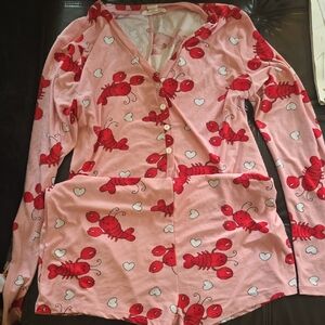 Pink Lobster Print Pajama Set - Button Front Top & Shorts